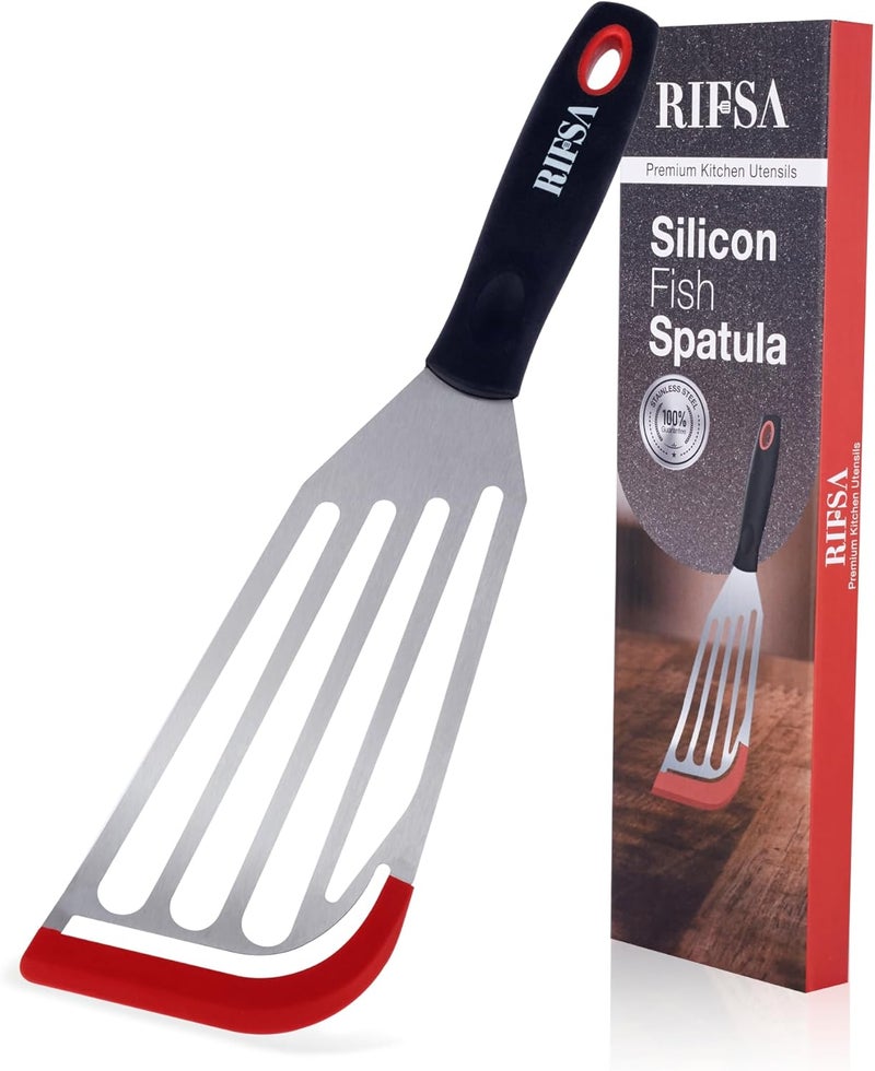 Rifsa Fish Spatulas, Stainless Steel with Heat-Resistant Silicone Tips, Non-Scratch Design for Non-Stick Cookware, Slotted Silicone Spatulas for Frying, Flipping Fish and Eggs. - Image 1